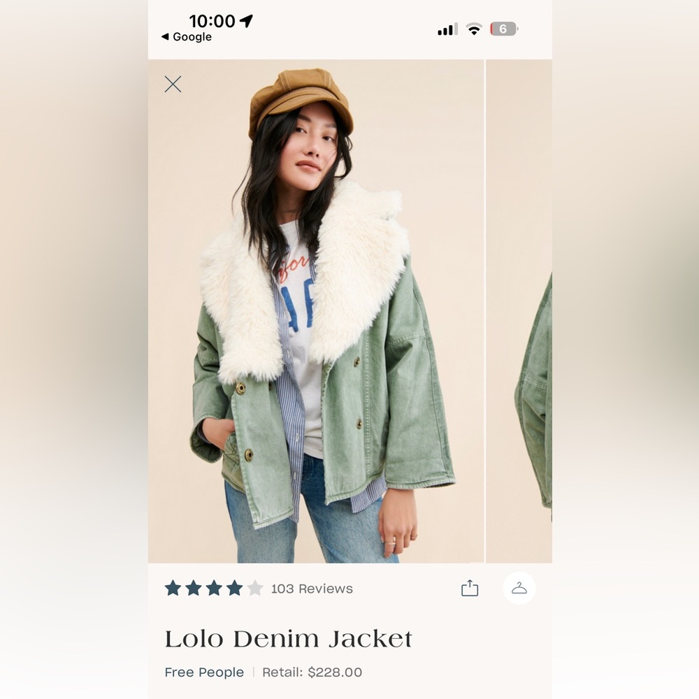 Free People Lula Green Faux Fur Collar Denim Jacket S Penny Lane Style